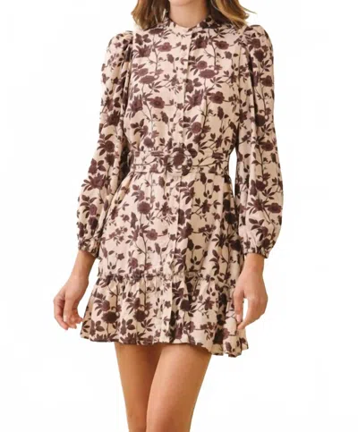 Tcec Long Sleeve Floral High Neck Belted Dress In Beige In Brown