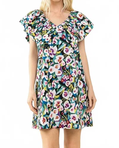 Tcec Pansy Petals Ruffle Dress In Blue In Multi