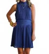 Tcec Pleated Mock Neckline Dress In Navy In Blue