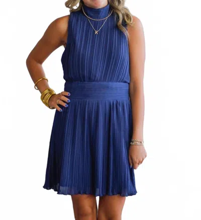 Tcec Pleated Mock Neckline Dress In Navy In Blue