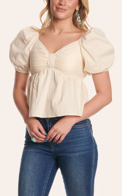 Tcec Pretty Follies Solid Cream V-neck Puff Sleeve Bow Top In Brown