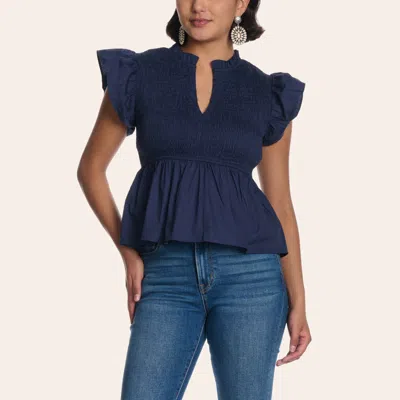 Tcec Pretty Follies Women's Navy Smocked Bodice Flutter Sleeve Top In Blue