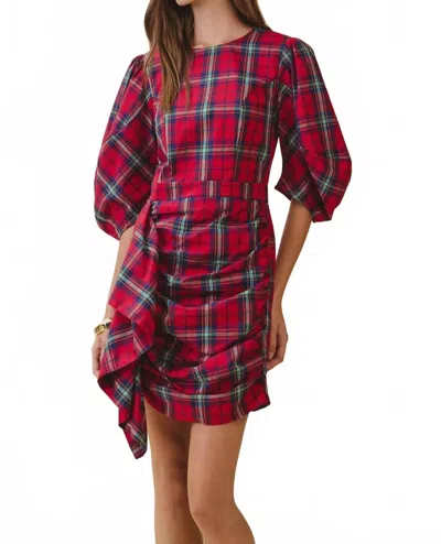 Tcec Puff Sleeve Cascading Mini Dress In Red Plaid In Burgundy
