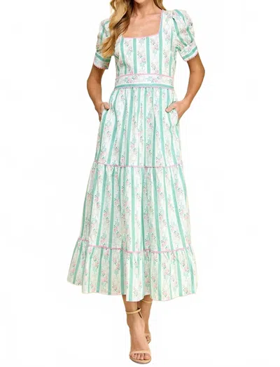 Tcec Puff Sleeve Midi Dress In Pastel Floral Stripe In Multi