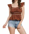 Tcec Ruched Detail Ruffled Straps Top In Chocolate In Brown