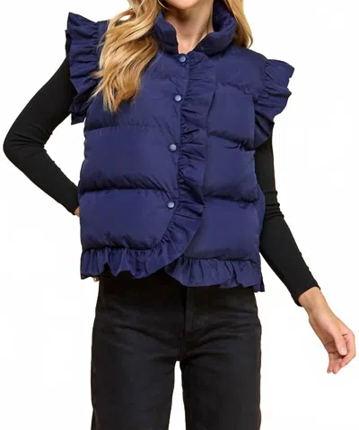 Tcec Ruffle Trim Puffer Vest In Navy In Blue