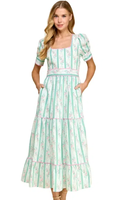 Tcec Sarah Beth Maxi Dress In Aqua Striped With Pink Carnation Print In Blue
