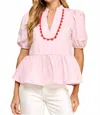 Tcec Scalloped Split V-neck Puff Sleeve Top In Pink In Pink