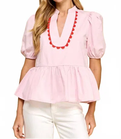 Tcec Scalloped Split V-neck Puff Sleeve Top In Pink
