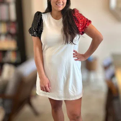 Tcec Sequin Sleeve Dress In White/red /black In Multi