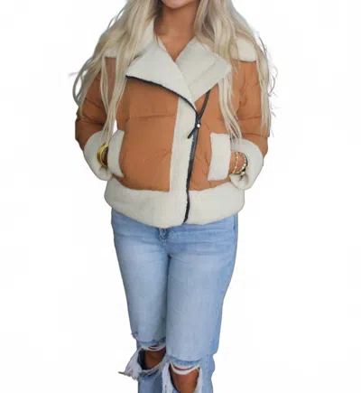 TCEC SHERPA TRIM PADDED PUFFER JACKET IN CAMEL