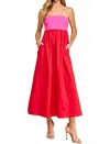 Tcec Strapless Empire Color Block Midi Dress In Magenta In Red