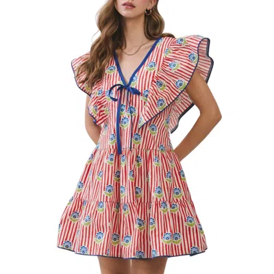Tcec Stripe Floral Print Ruffle Mini Dress In Red In Multi
