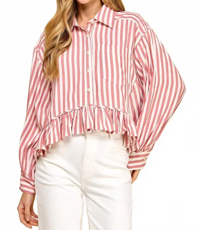 Tcec Striped Button Up Ruffled Hem Shirt In Red In Pink