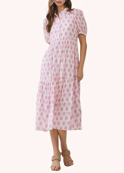 Tcec Tiegan Blockprint Tiered Midi Dress In Pink In Multi