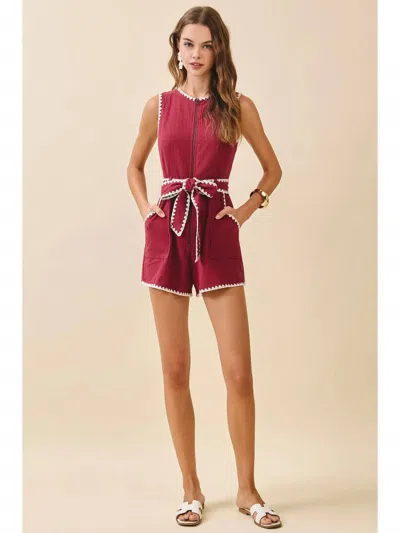 Tcec Triangle Embroidery Stitch Detail Romper In Red