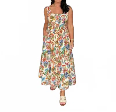 Tcec Tropical Floral Pleated Shoulder Midi Dress In Cream In Multi