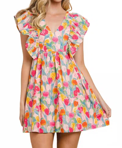 Tcec Tulip Watercolor Ruffle Dress In Pink Multi In Gold