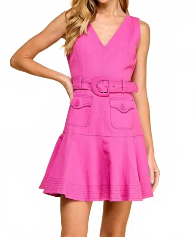 Tcec V Neck Belted Ruffle Hem Dress In Magenta In Pink