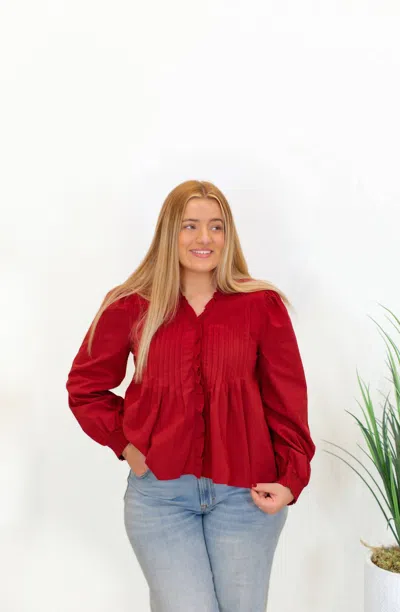 Tcec V-neck Ruffled Trim Hidden Button Down Blouse In Crimson In Red