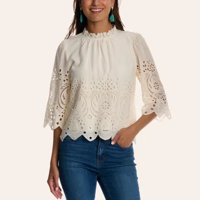 Tcec Women's Ivory Eyelet Embroidered Three-quarter Sleeve Top In White