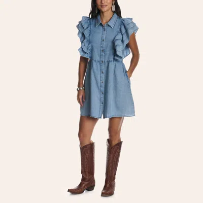 Tcec Women's Light Wash Denim Ruffle Sleeve Mini Shirt Dress In Blue