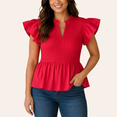 Tcec Women's Red Smocked Flutter Sleeve Peplum Top