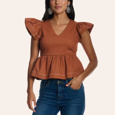 Tcec Women's Rust Contrast Stitch Ruffle Sleeve Peplum Top In Brown