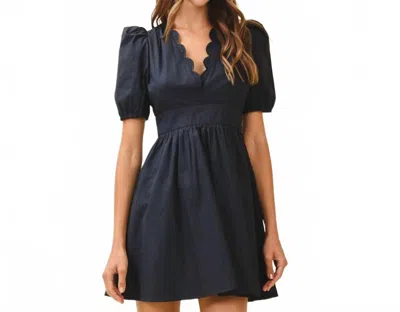 Tcec Women's Scalloped V Neck Puff Sleeve Dress In Navy In Black