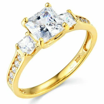 Pre-owned Td Collections 14k Yellow Gold 3-stone Princess-cut Cz Engagement Ring With Side Stones In White