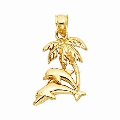 Pre-owned Td Collections 14k Yellow Gold Dolphin With Palm Tree Pendant Gift For Woman