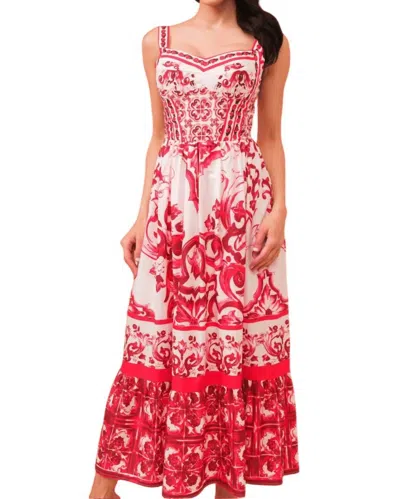 Tea & Cup Print Cotton Bustier Dress In Red