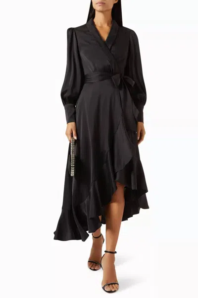 Tea & Cup Ruffle Hem Wrap Midi Dress In Black