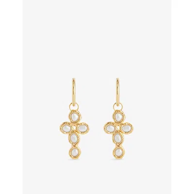 Tea & Tequila Womens Gold And White Cross 22ct Yellow Gold-plated Brass And Gemstone Earrings