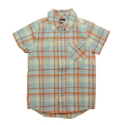 Tea Kids' Boys Blue Orange Plaid Button Down Short Sleeve In Green