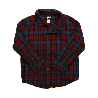 Pre-owned Tea Kids' Boys Red Blue Plaid Button Down Long Sleeve In Black