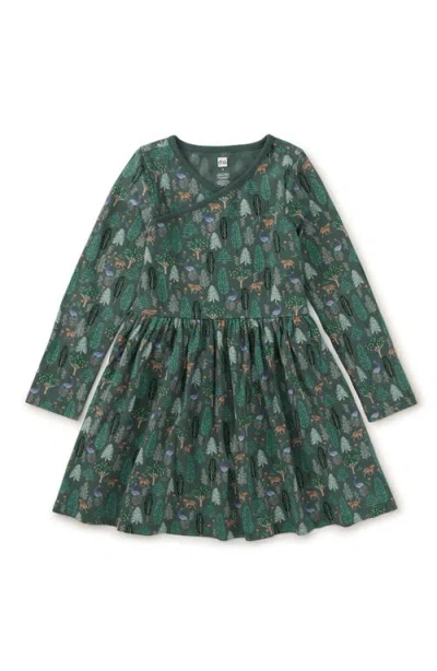 Tea Collection Kids'  Long Sleeve Wrap Neck Dress In Green