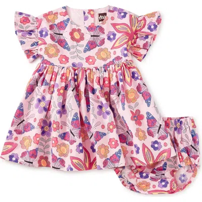 Tea Collection Ruffle Sleeve Baby Dress Set In Pink