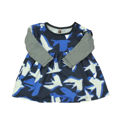 Pre-owned Tea Kids' Girls Blue White Stripes Birds Dress