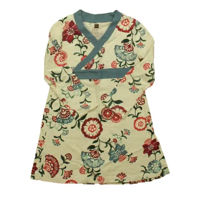 Pre-owned Tea Kids' Girls Ivory Blue Pink Dress In White