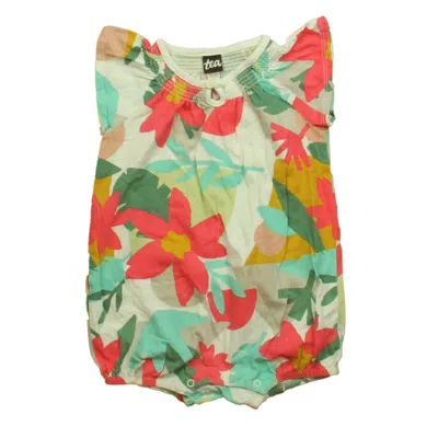 Pre-owned Tea Kids' Girls Pink White Green Floral Romper