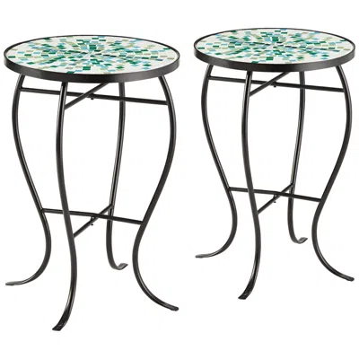 Teal Island Designs Aqua Mosaic Black Iron Outdoor Accent Tables Set Of 2