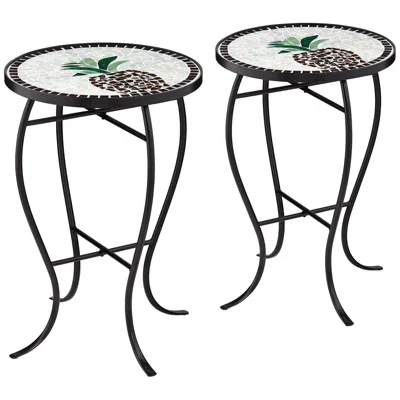 Teal Island Designs Beige Pineapple Mosaic Round Outdoor Accent Tables Set Of 2