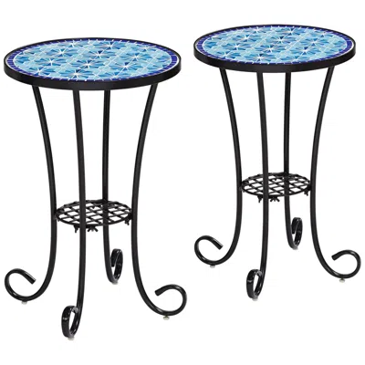 Teal Island Designs Blue Stars Mosaic Black Outdoor Accent Tables Set Of 2