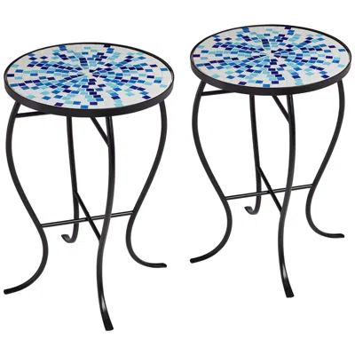 Teal Island Designs Multi Blue Mosaic Black Iron Outdoor Accent Tables Set Of 2