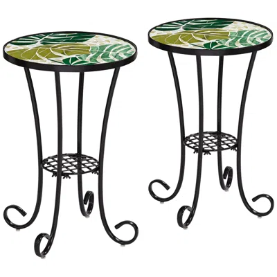 Teal Island Designs Tropical Leaves Mosaic Black Outdoor Accent Tables Set Of 2