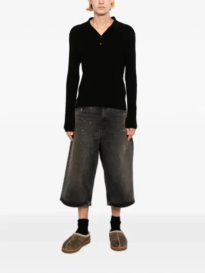 Team Wang Design Ribbed-knit Long-sleeve Polo Shirt In Black