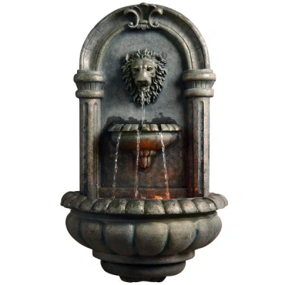 Teamson Home Outdoor Tiered Lion Head Stone Wall Fountain With Led Light, Stone Gray