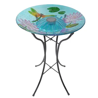 Teamson Home Solar Bird Bath Outdoor Garden Fusion Glass Dragonfly Handpainted In Blue