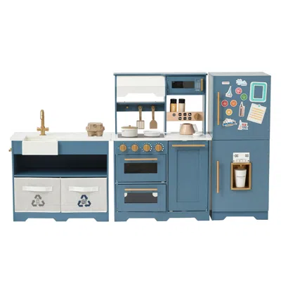 Teamson Kids Little Chef Atlanta Modular Play Kitchen + 17 Accessories And Interactive Toy Appliances, Blue/